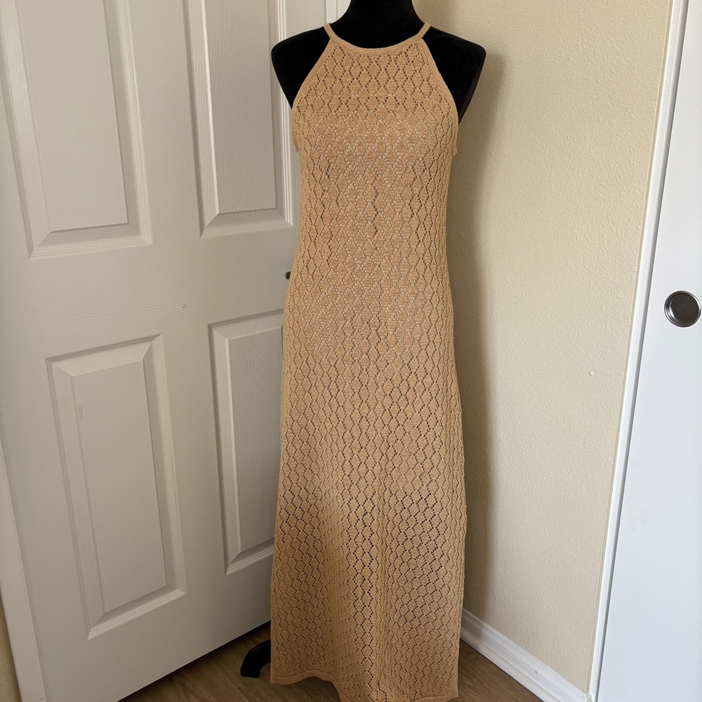 Boston Proper Tan Cable Knit Halter Neckline Maxi Boho Dress Size Small